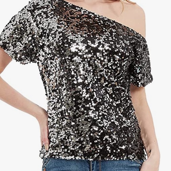 Anna-Kaci Sequin Top Black & Silver Medium Off One Shoulder Loose Fit - Picture 1 of 7